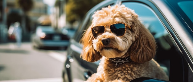 A dog in sunglasses sits in a car sunny day Generative AI