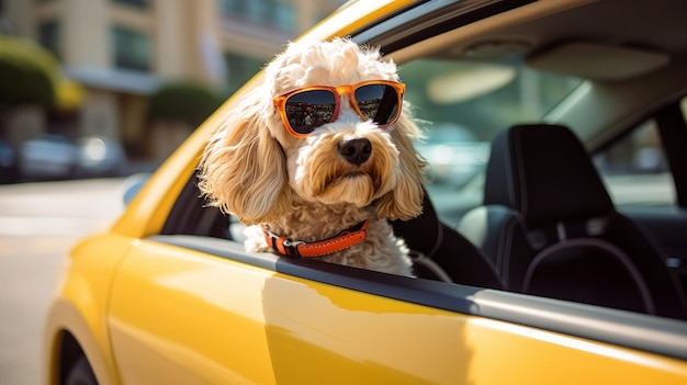 선글라스를 쓴 개가 화창한 날 차 안에 앉아 있습니다. Generative AI