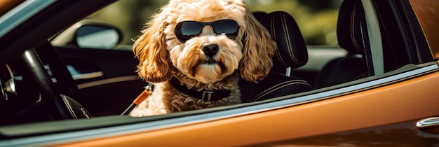 A dog in sunglasses sits in a car sunny day Generative AI