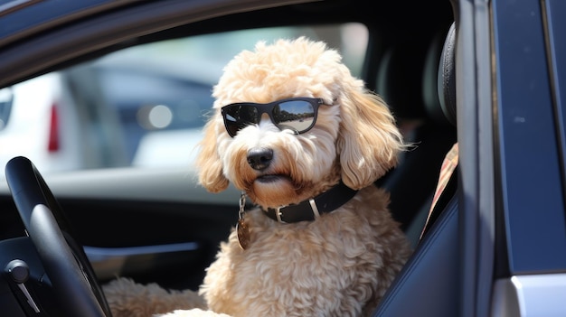 A dog in sunglasses sits in a car sunny day Generative AI