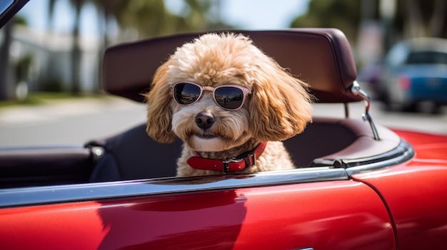 A dog in sunglasses sits in a car sunny day Generative AI