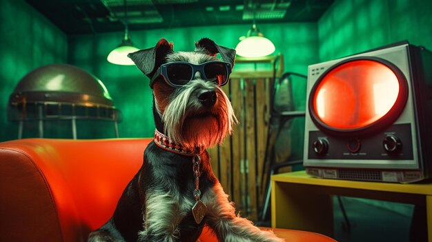 Photo a dog in sunglasses sits next to a tv