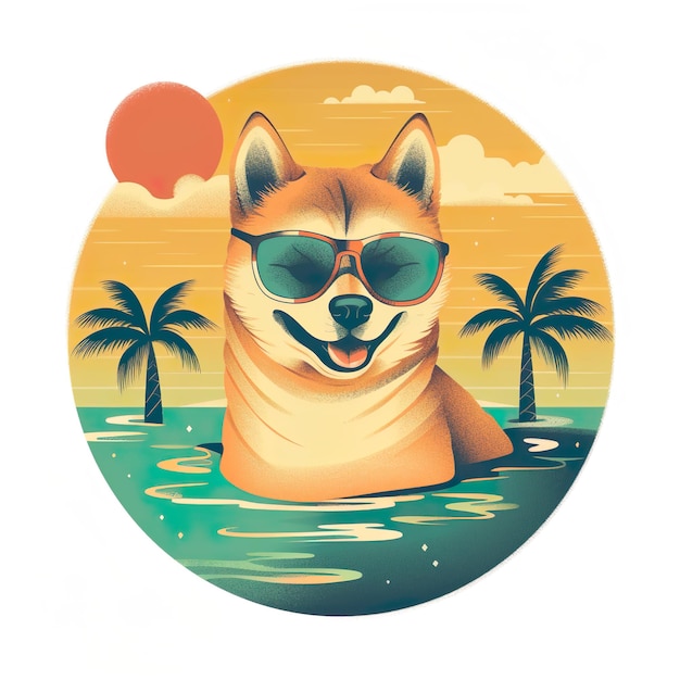 Собака в солнцезащитных очках, плавающая в океане с пальмами на заднем плане, сгенерирована AI