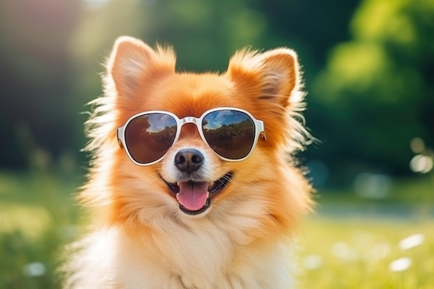 Собака в солнцезащитных очках примеряет на себя роль человека на отдыхе