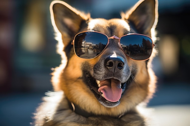 Dog in sunglasses takes on the role of a human on vacation