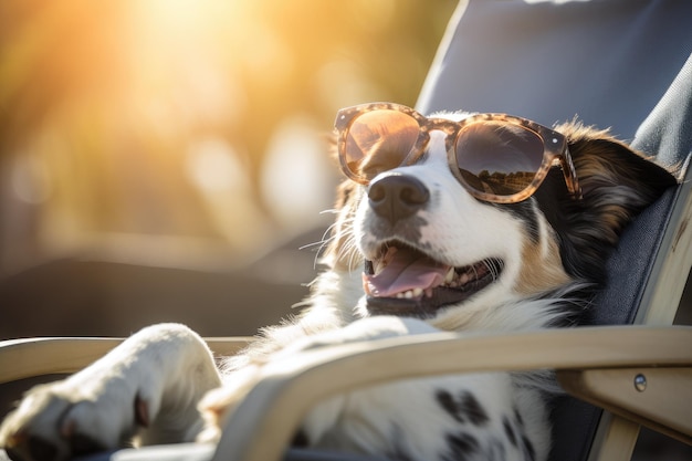 太陽眼鏡をかぶった犬が休暇中の人の役を演じる