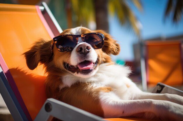 Dog in sunglasses takes on the role of a human on vacation