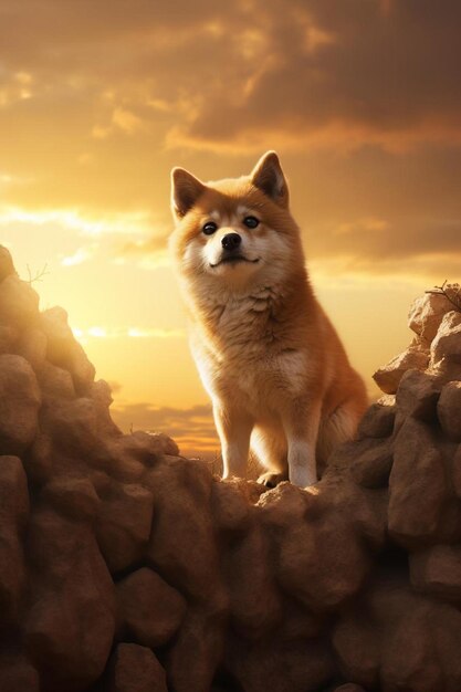 a dog in a sunset with a sunset background