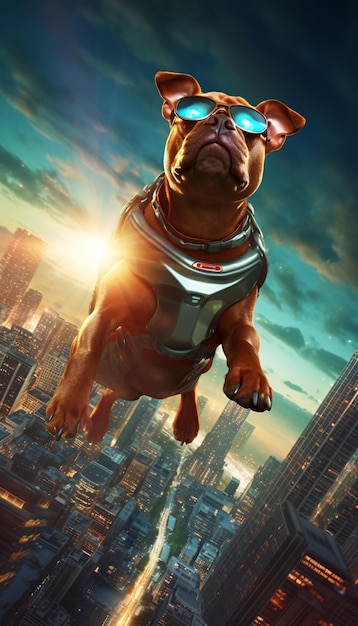 A dog superhero with a red cape flying over the city at sunset in a cinematic pose