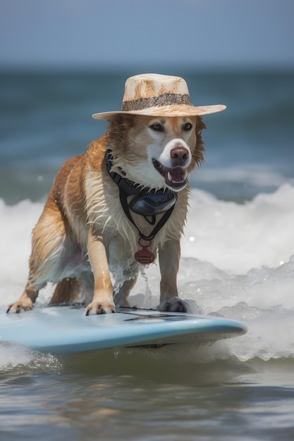 모자와 모자를 쓰고 서핑보드 위의 개.