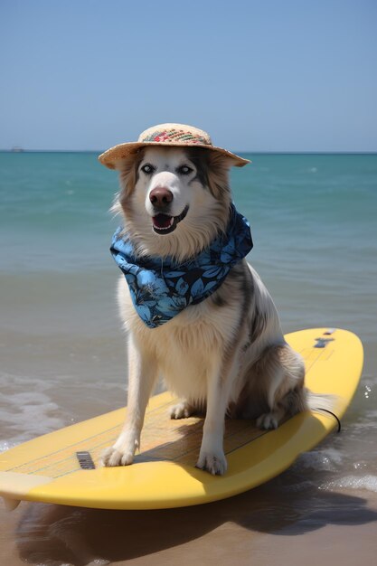 A dog on a surfboard with a hat that says'i'm a dog '