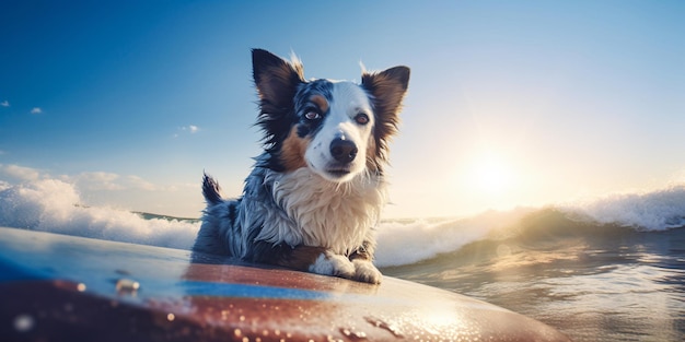 Dog surfer catching waves on surfboard in the sea Created with Generative AI technology