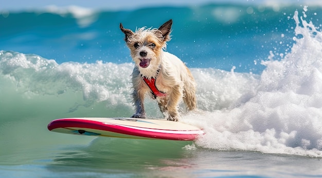 写真 波に乗りながらサーフィンをする犬