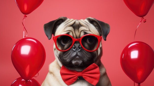 Dog surrounded by heartshaped balloons