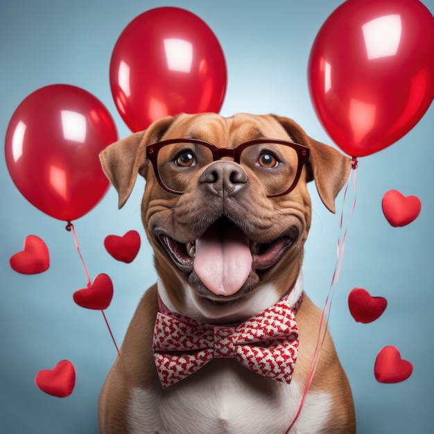 Dog surrounded by heartshaped balloons