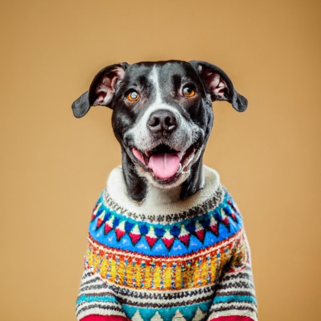 Photo dog in a sweater primary colors big smile portrait background
