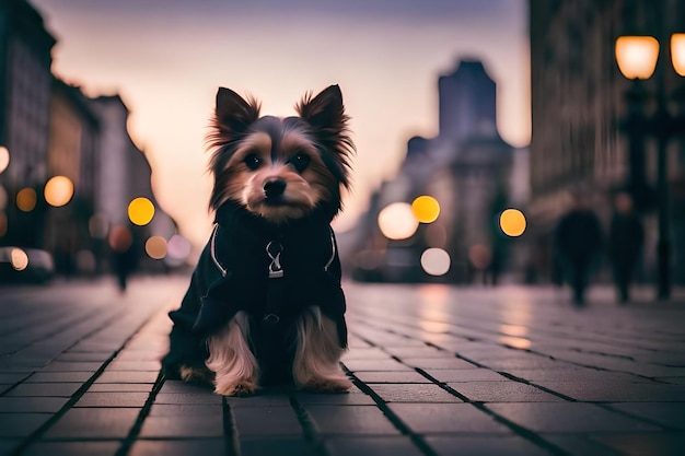 a dog in a sweater stands on a sidewalk in the city.