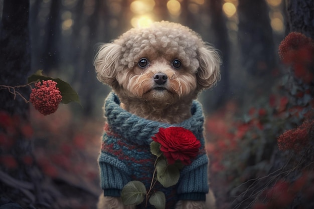 A dog in a sweater with a red flower in the foreground