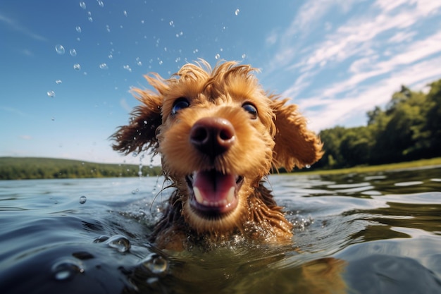 A dog swimming in a lake with a blue sky behind it.