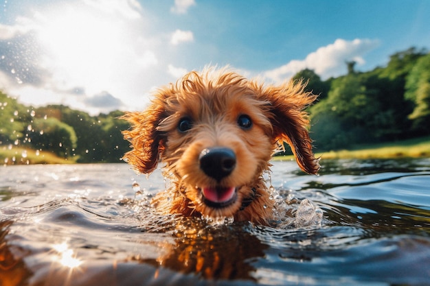 A dog swimming in a lake with the sun shining on its face.