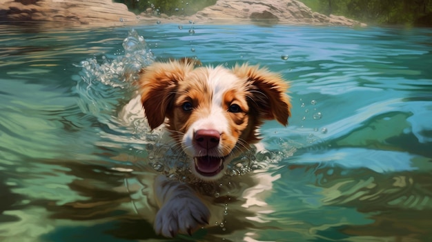 A dog swimming in a pool of water