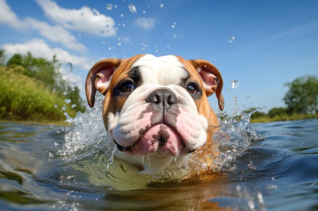 a dog swimming in a pool of water