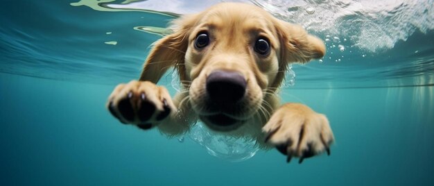 Foto un cane che nuota in una piscina con delle bolle nell'acqua