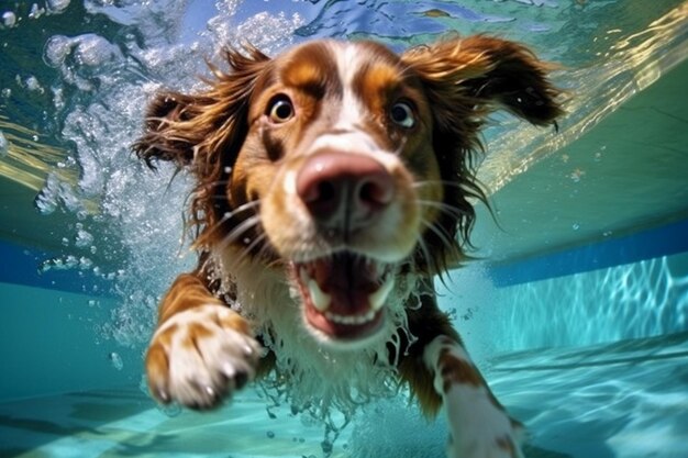 Foto un cane che nuota in una piscina con la bocca aperta.