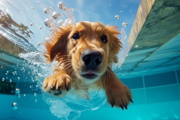 Photo a dog swimming in a pool with water splashing around him
