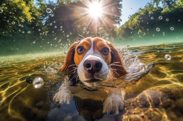 A dog swimming in a river with the sun shining on it.