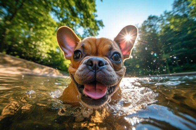 A dog swimming in a river with the sun shining on its face.