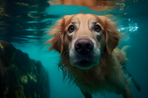 A dog swimming underwater in blue water