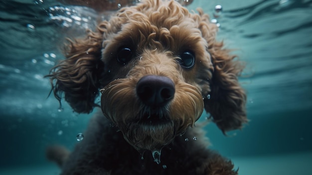 A dog swimming underwater in a pool with the word poodle on it.