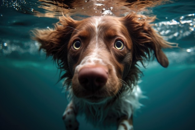 A dog swimming underwater with a blue background and the words'dog'on the bottom Generative AI