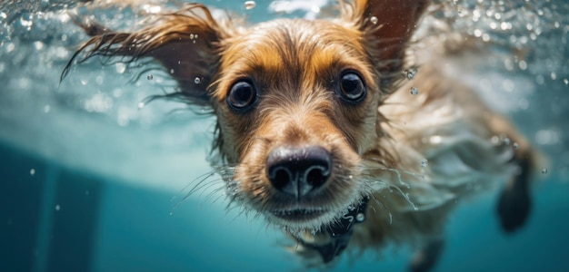 A dog swimming underwater with its eyes wide open.