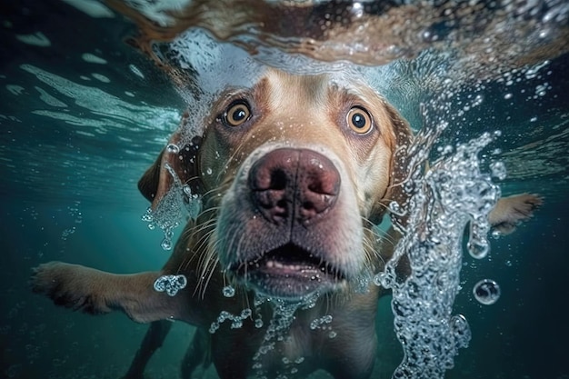Собака плавает в воде, вероятно, в естественной среде, такой как озеро или река. Генеративный ИИ.