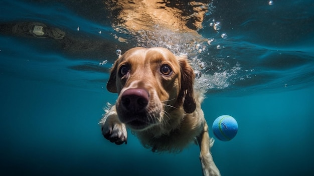 Собака плавает под водой с голубым мячом в воде.