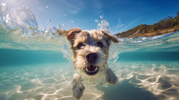 A dog swimming in the water with the sky in the background