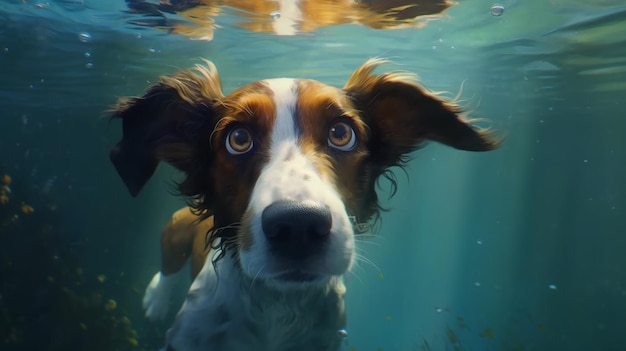 「犬」というタイトルで水の中を泳ぐ犬