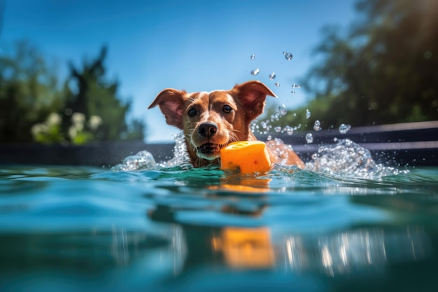 太陽に照らされたプールで浮遊するおもちゃを持って泳ぐ犬