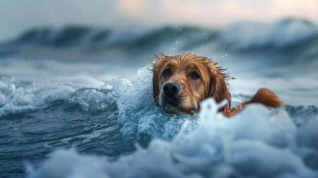 Собака плавает в море в теплую погоду