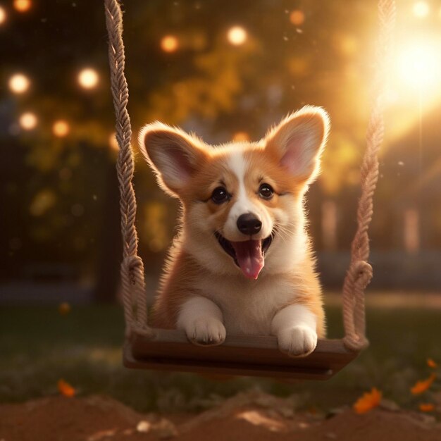 A dog on a swing in a park