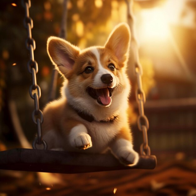 A dog on a swing with the word corgi on it