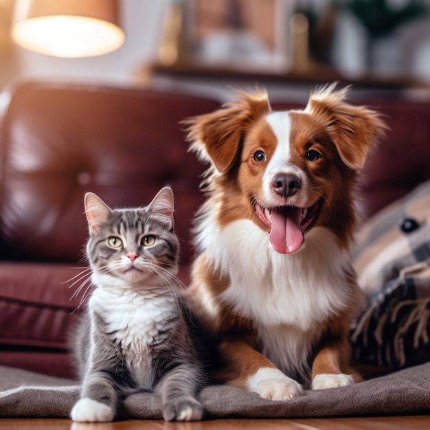 Собака и полосатый котенок сидят вместе на деревянном полу