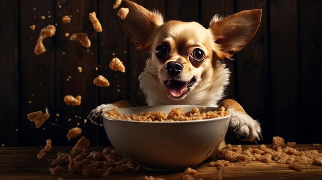 The dog at the table eats dry food Concept of care and concern for pets