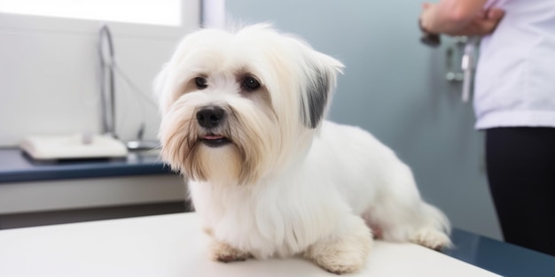 動物病院のテーブルの上の犬