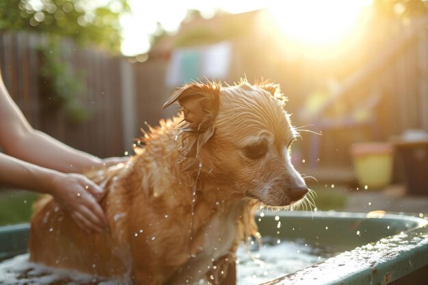 Photo dog taking a bath in the backyard generative ai