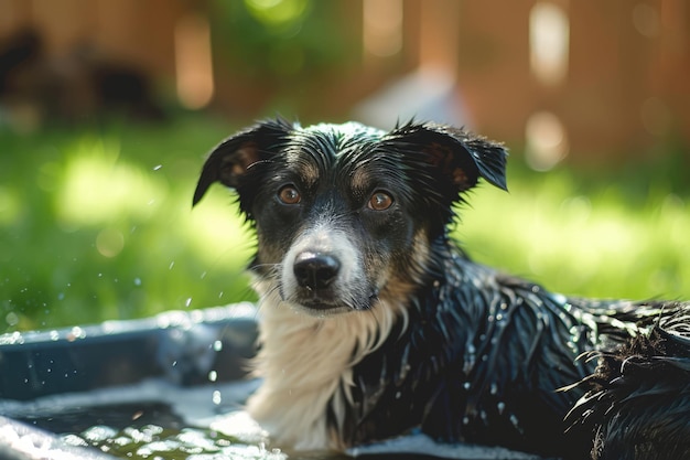 Dog taking a bath in the backyard Generative AI