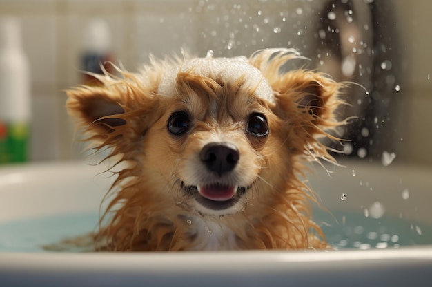 Dog taking a bath with shampoo Generative AI