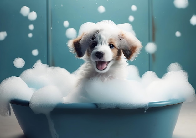 A dog taking a bubble bath in a bathtub